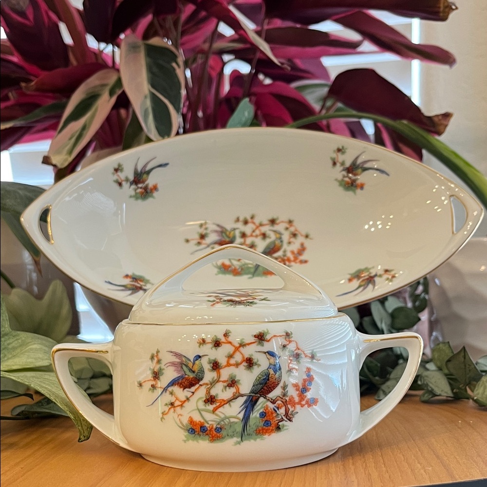 Bohemia Donatello Vintage Sugar Bowl & Relish Dish Birds Of Paradise 1921-1945